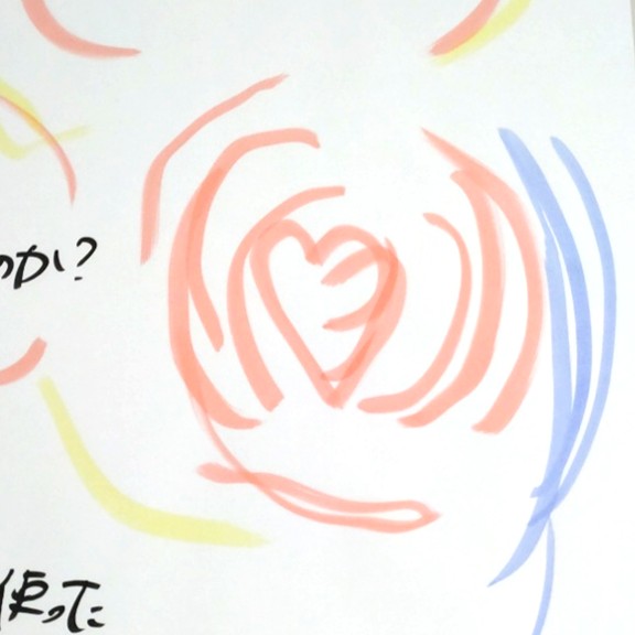 模造紙に描かれた、スクライビングの例。ハートフルな場の様子を表すため、ピンク色のペンでハートを描き、その周りを曲線で囲っている形。